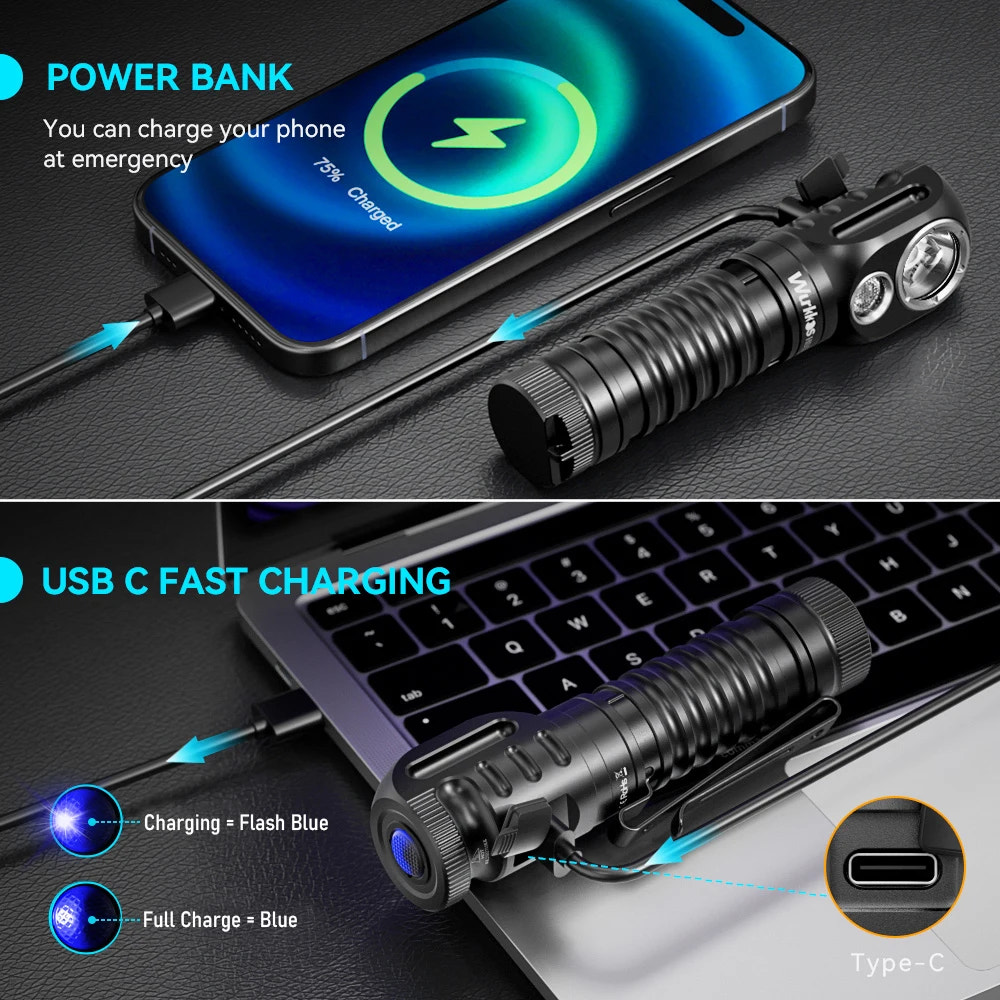 Black flashlight with power bank and USB C fast charging features on a dark surface.