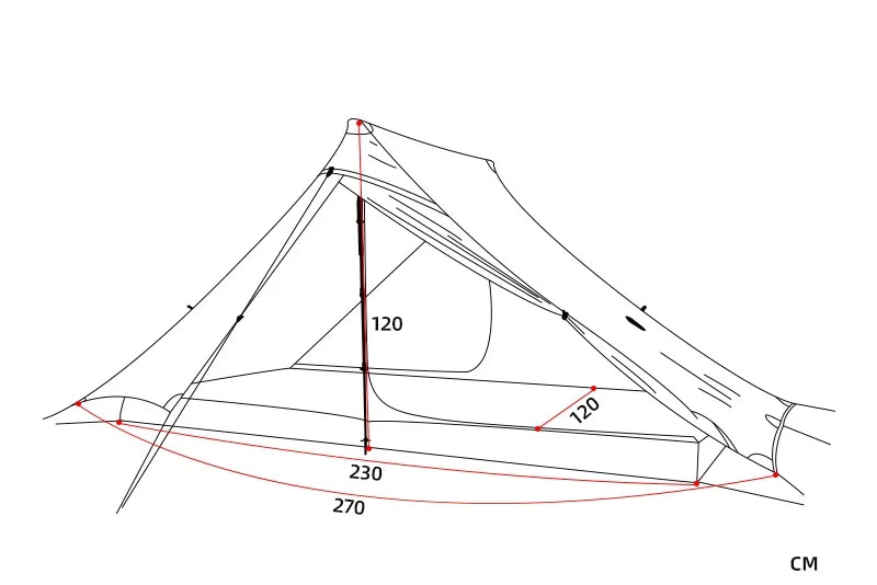 Technical drawing of a tent with measurements in centimeters on a white background