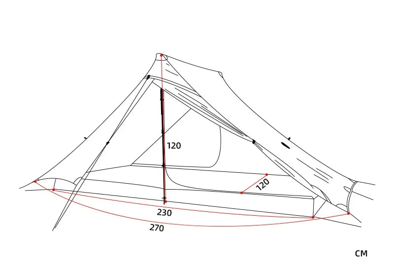 Technical drawing of a tent with measurements in centimeters on a white background