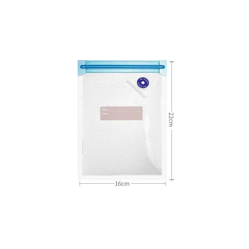 Clear storage bag with blue zipper and measurements on a white background
