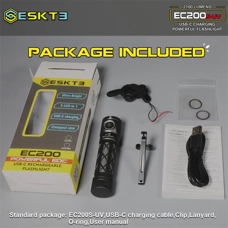 Skilhunt EC200S-UV USB-C charging flashlight package with box, flashlight, cable, clip, lanyard, and user manual on a gray background.
