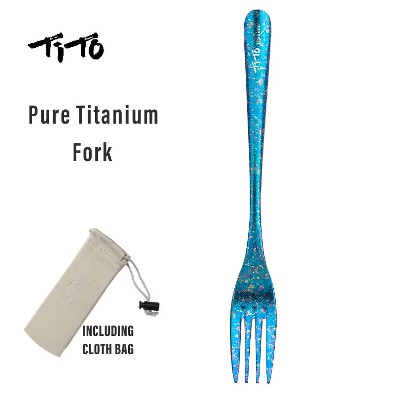 Pure Titanium Fork with blue pattern and Tito branding on a white background