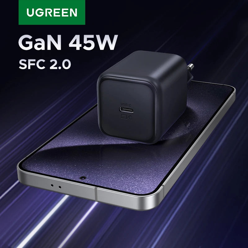 ugreen gan 45w power adapter riding a phone at warpspeed