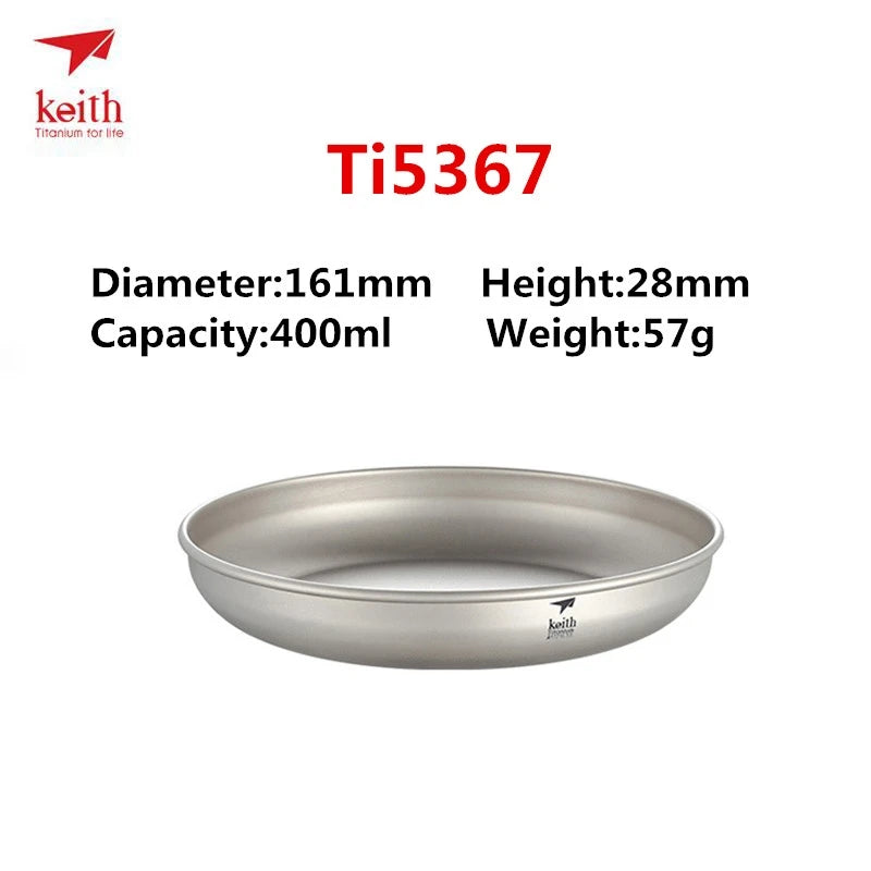 Titanium dish with specifications and Keith brand logo on a white background