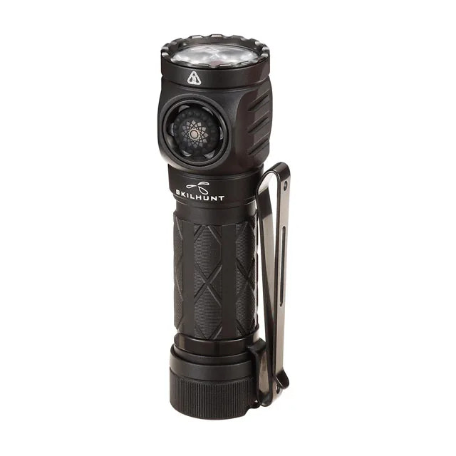 Black flashlight with Skilhunt branding on a white background