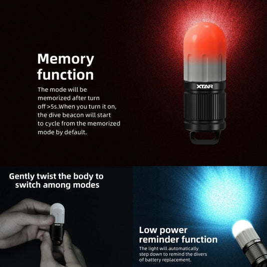 Dive beacon with red light on a dark background, showing features like memory function and low power reminder.