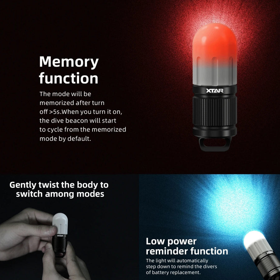 Dive beacon with red light on a dark background, showing features like memory function and low power reminder.