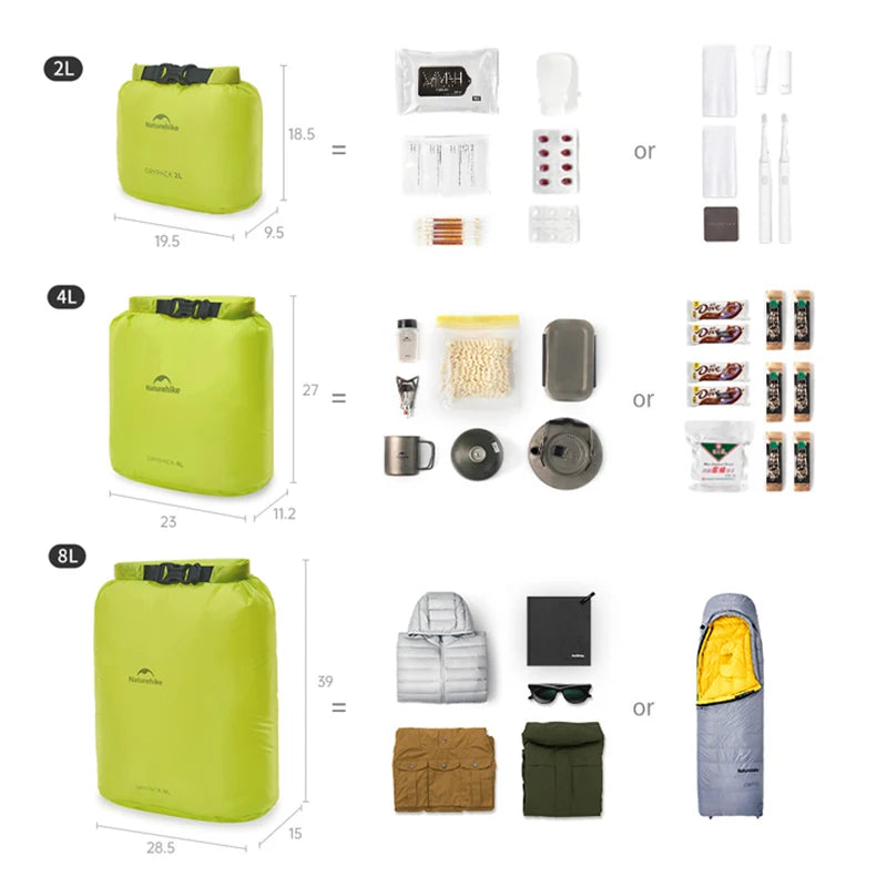 Green bag with various items and dimensions on a white background