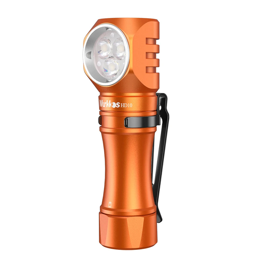 Orange flashlight with a brand logo on a white background