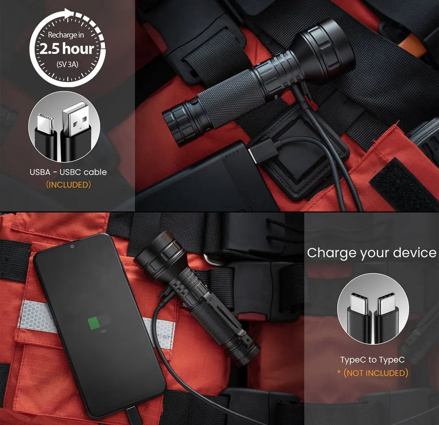 Red life jacket with black flashlight, phone, and USB cable on a gray background