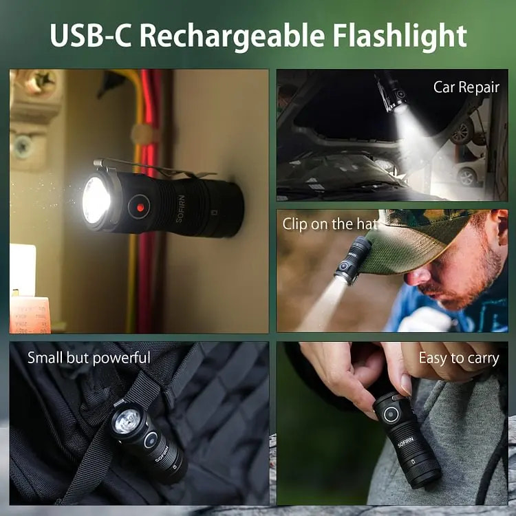 USB-C rechargeable flashlight with various uses shown in a collage.