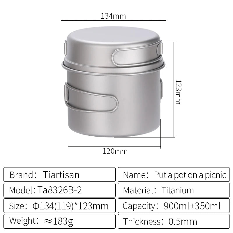 Titanium pot with dimensions and specifications on a white background