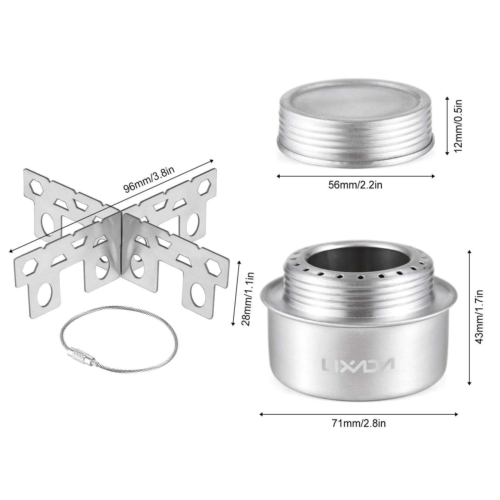 Aluminium camping stove with dimensions and features on a white background