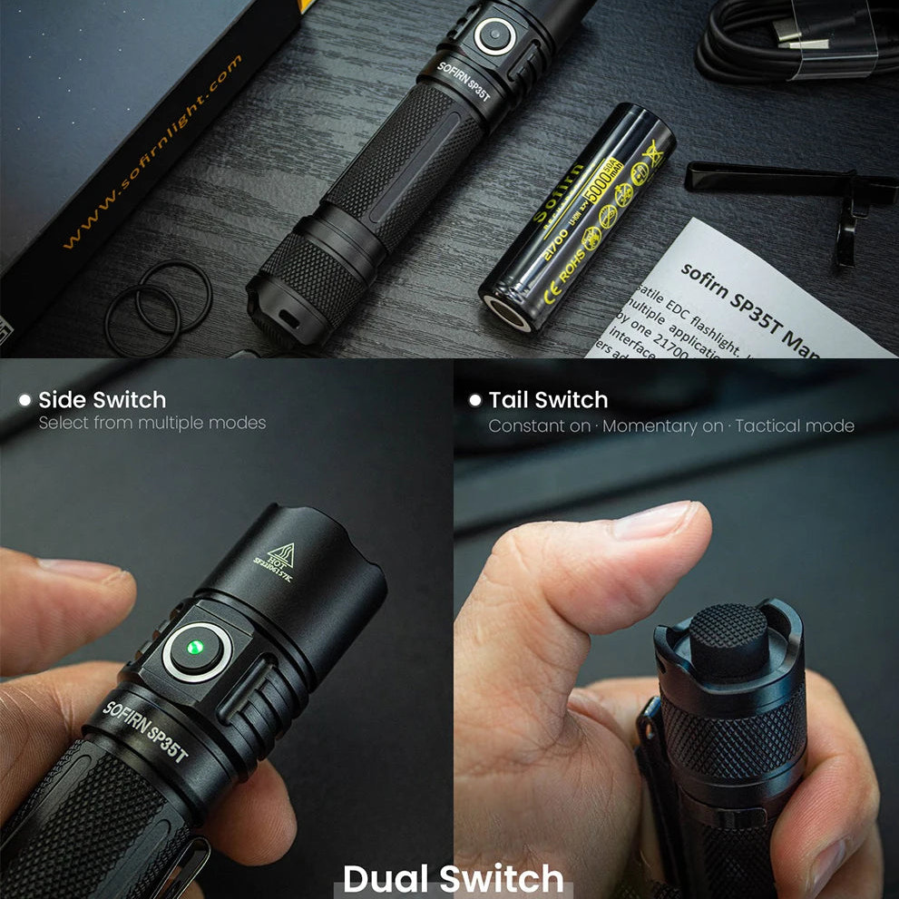 Black flashlight with side and tail switch features, displayed on a dark surface.