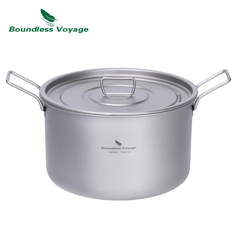 Titanium pot with lid on a white background, featuring 'Boundless Voyage' branding.