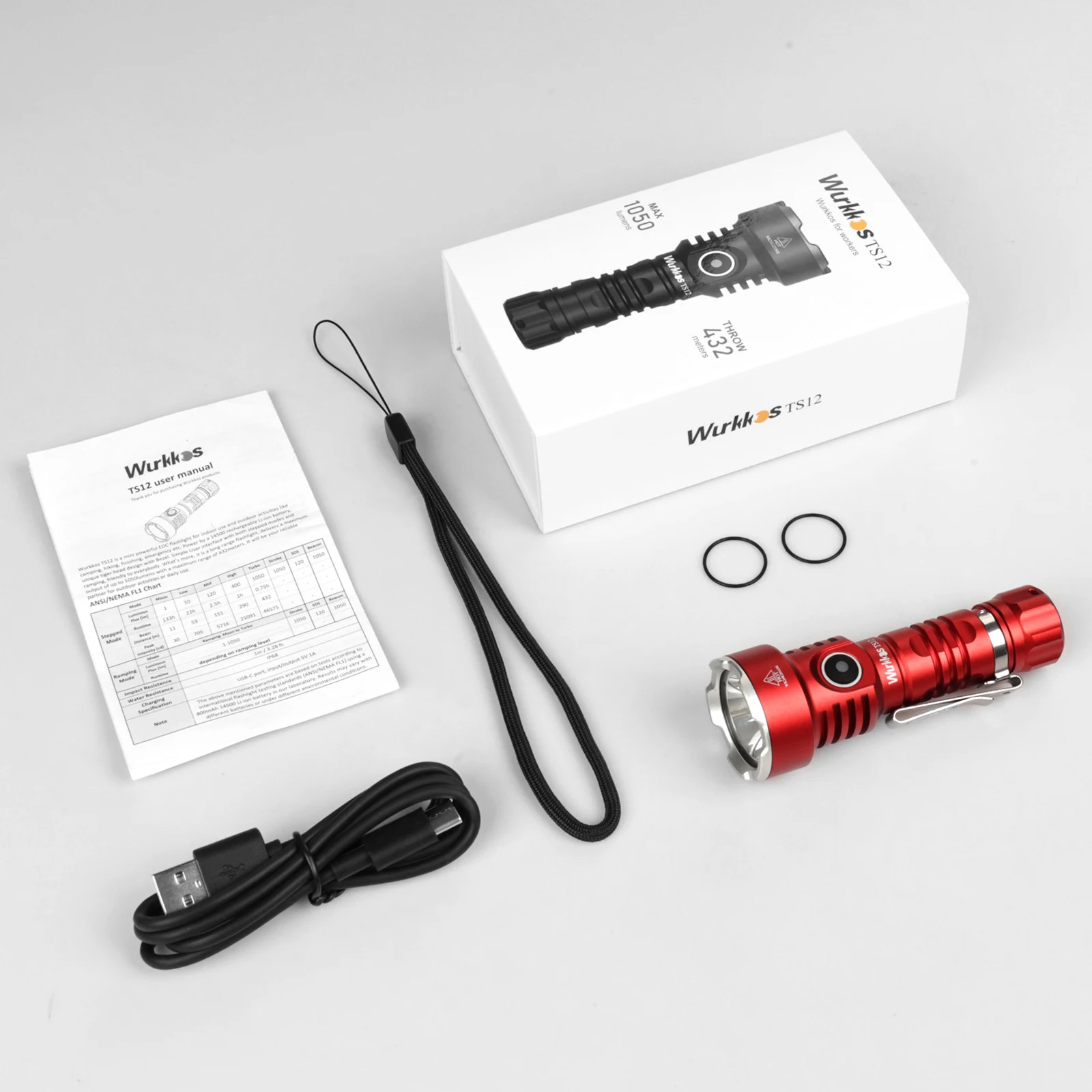 Red flashlight with accessories on a gray background