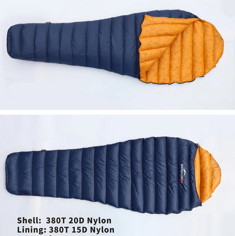 Blue and orange sleeping bag with text detailing material specifications on a white background
