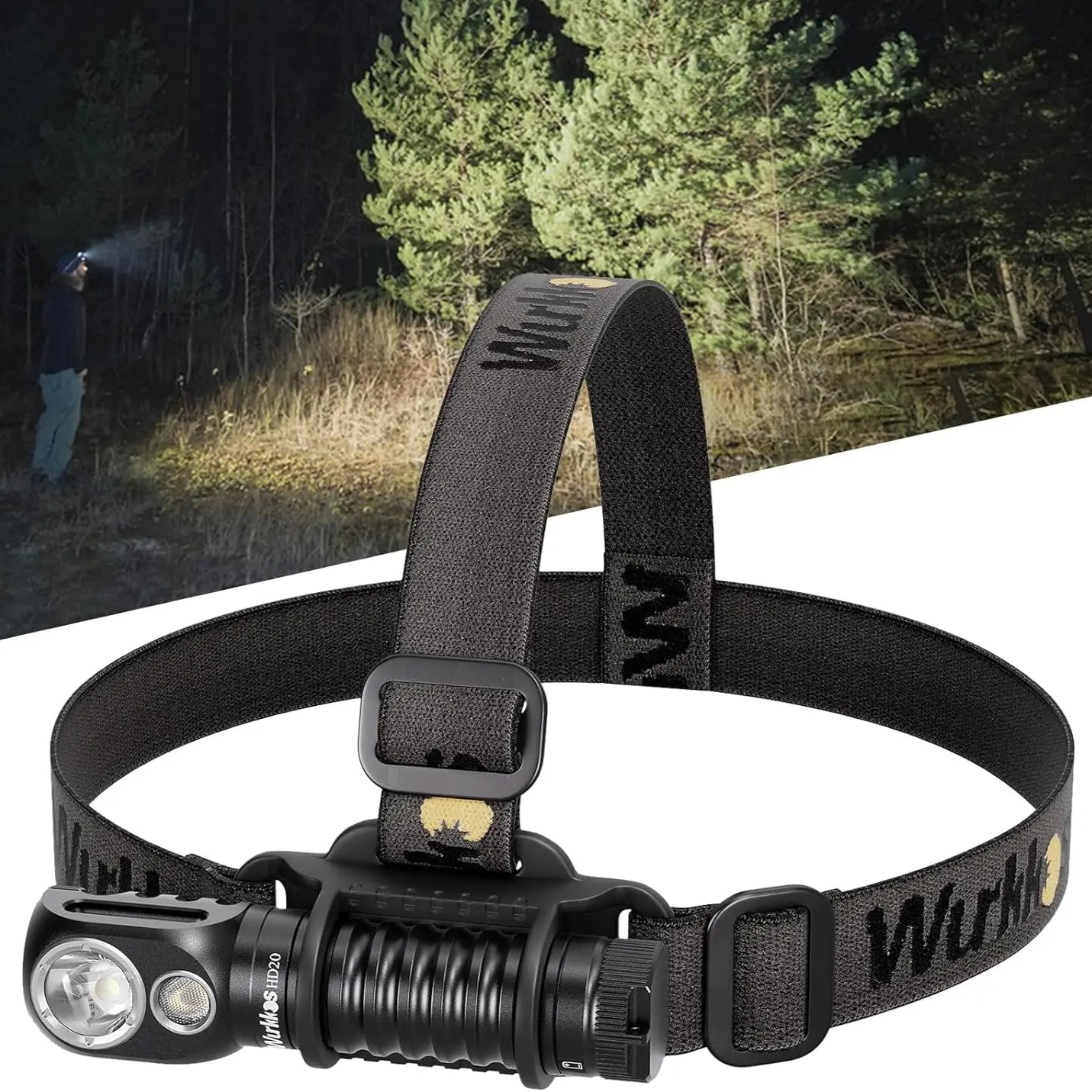 Black headlamp with visible brand logo on a white background, with a forest scene in the background.