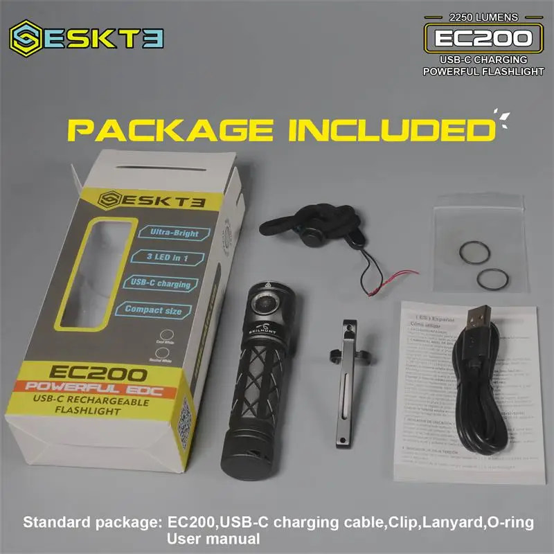 Skilhunt EC200 flashlight package with components on a gray background