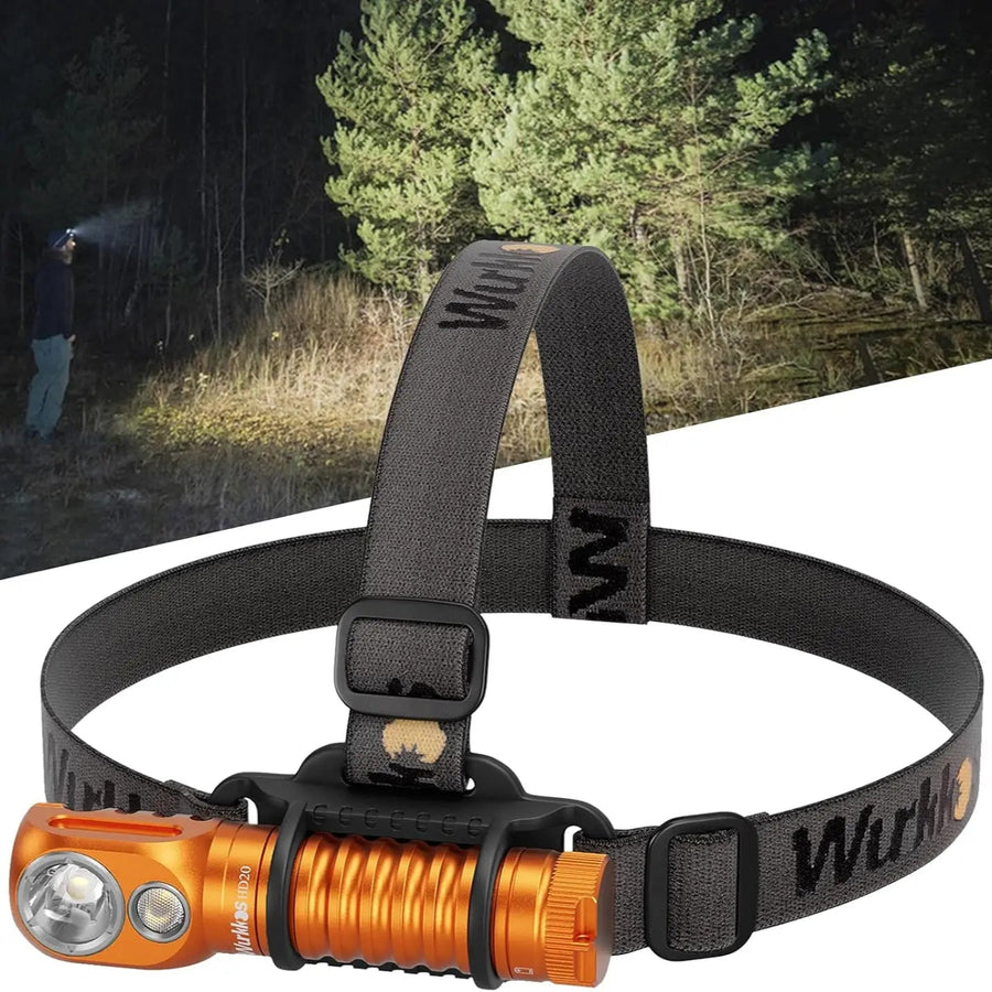 Orange headlamp with black strap on a white background, with a forest scene in the background.