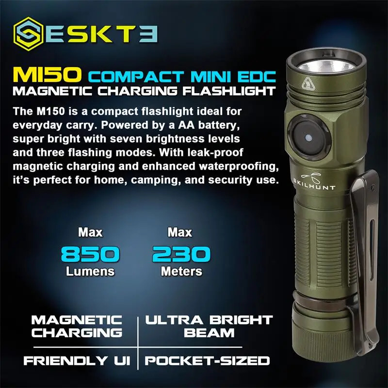 Skilhunt M150 compact mini EDC magnetic charging flashlight with specifications on a dark background