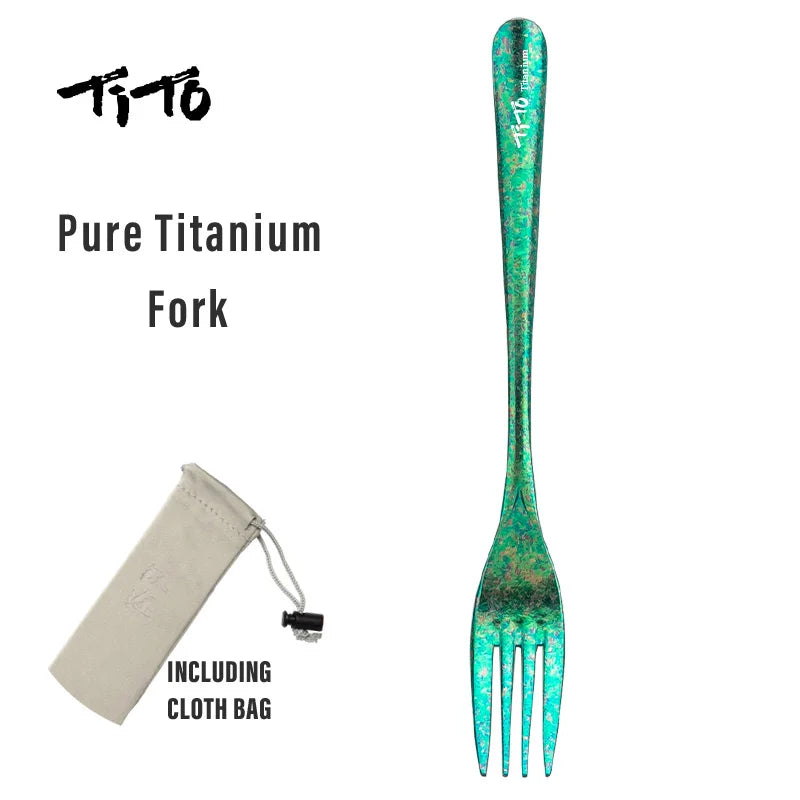 Pure Titanium Fork with green pattern on a white background, including a cloth bag.