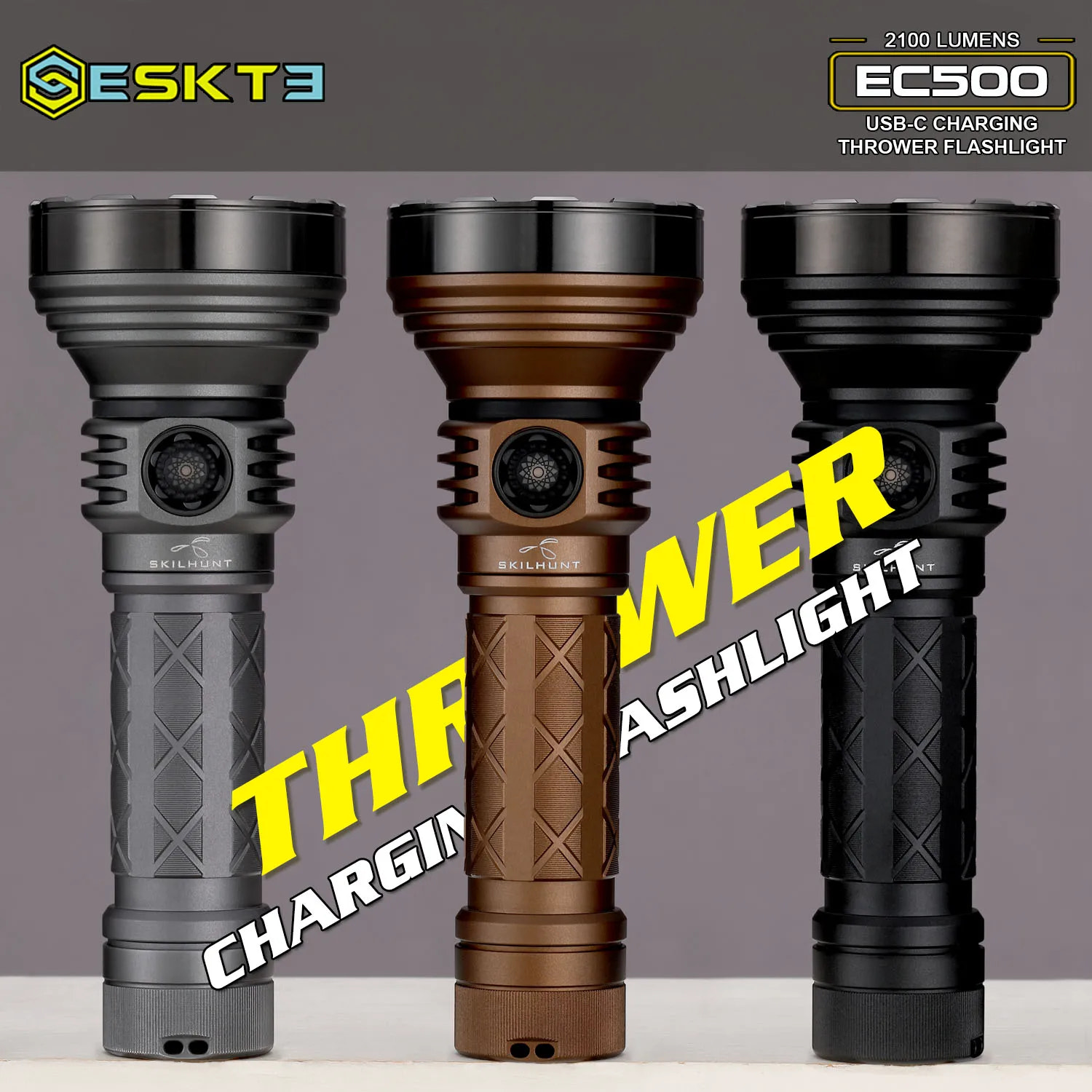 Three flashlights in gray, brown, and black with 'ESKT3' branding on a gray background.