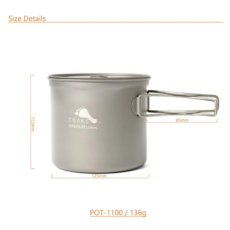 Titanium camping pot with dimensions and weight on a white background