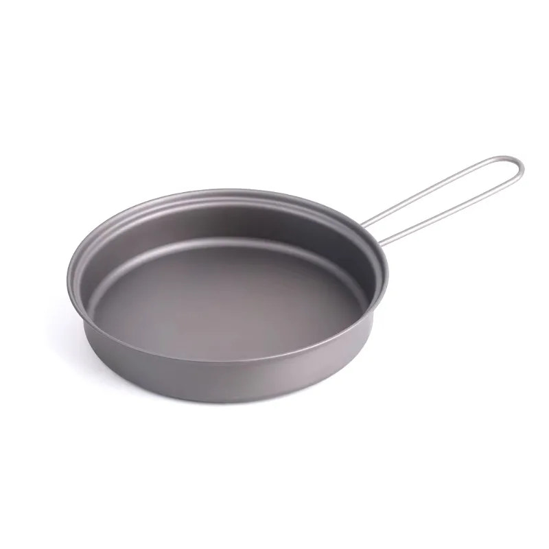 Gray camping frying pan with handle on a white background