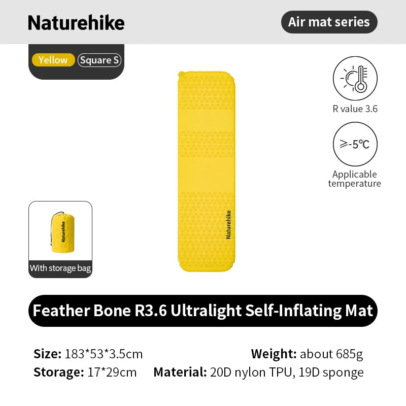 Yellow self-inflating mat with product details on a white background