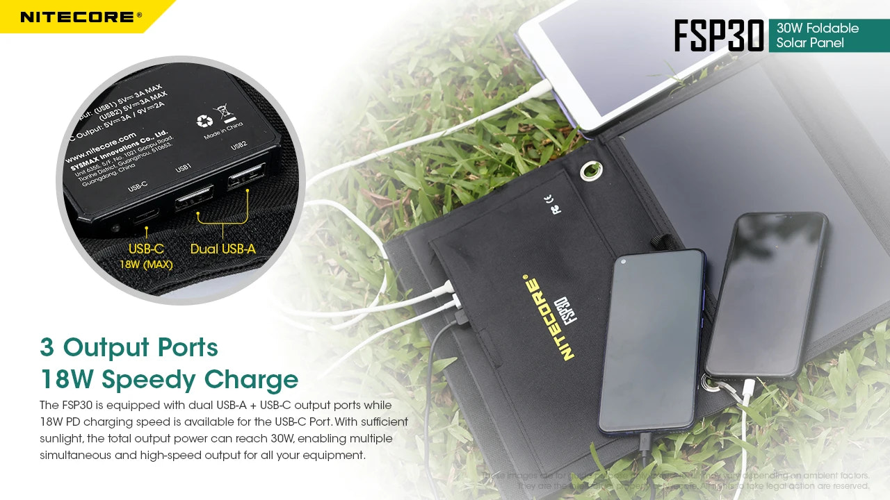 Nitecore solar panel with smartphone and tablet charging on grass, featuring Nitecore branding.