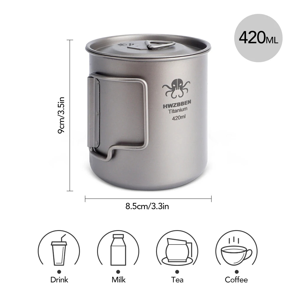 Titanium mug with dimensions and uses on a white background