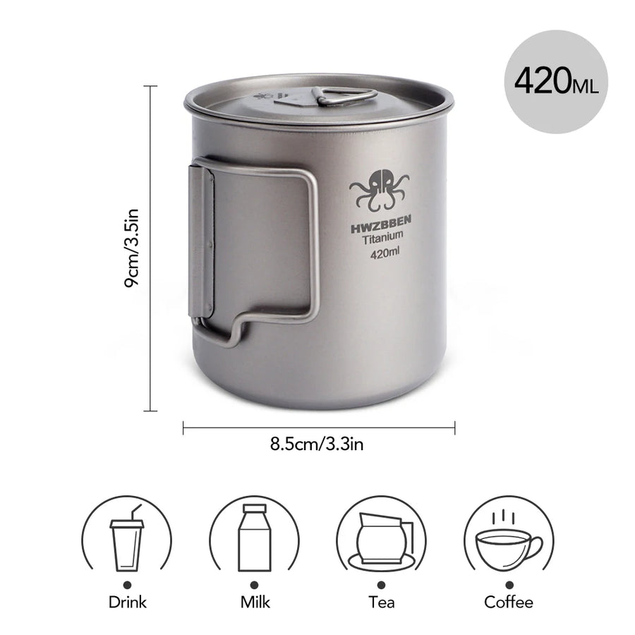 Titanium mug with dimensions and uses on a white background