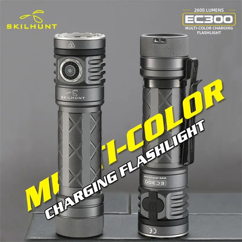 Two flashlights with 'Skilhunt' branding on a gray background