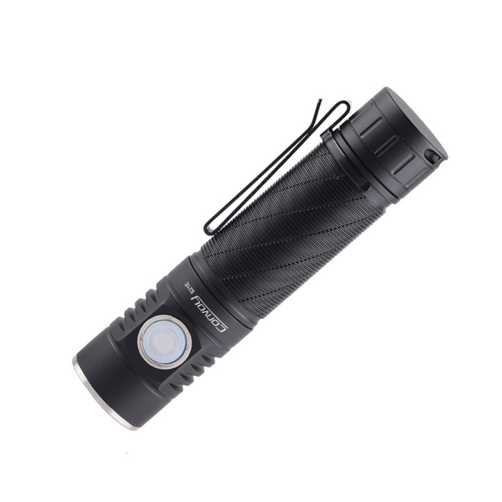 Black Convoy S21E flashlight with brand logo on a white background