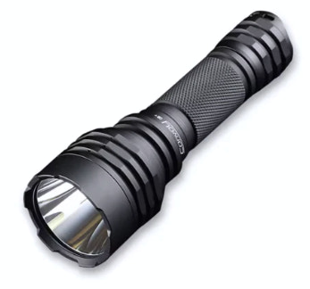 Black flashlight with visible brand name on a white background