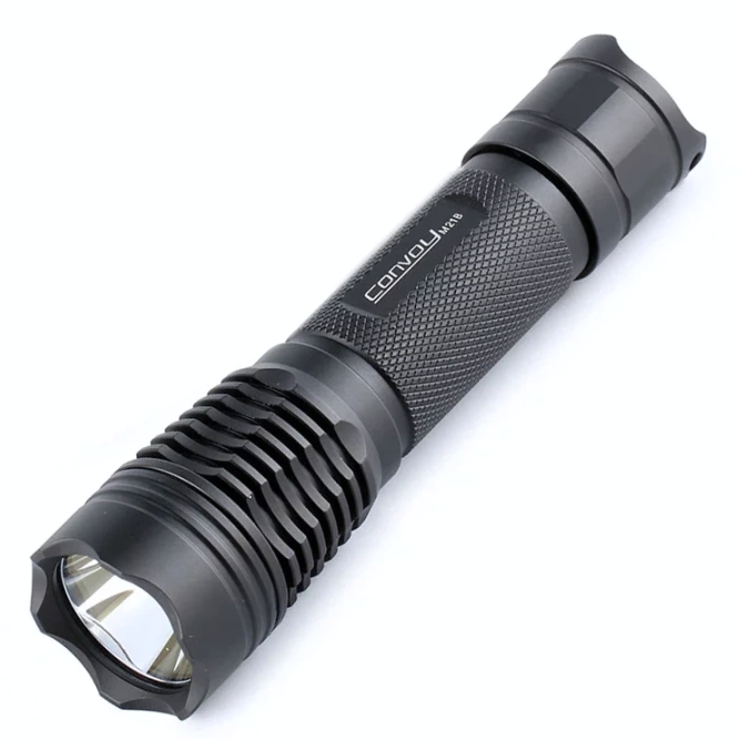 Black flashlight with 'Convoy' branding on a white background