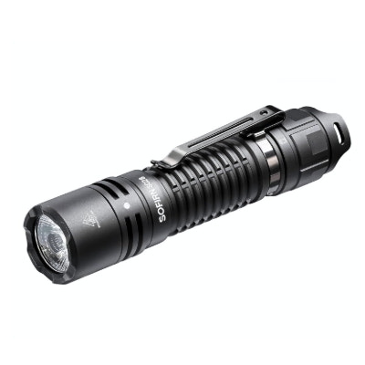 Black flashlight with visible brand name on a white background