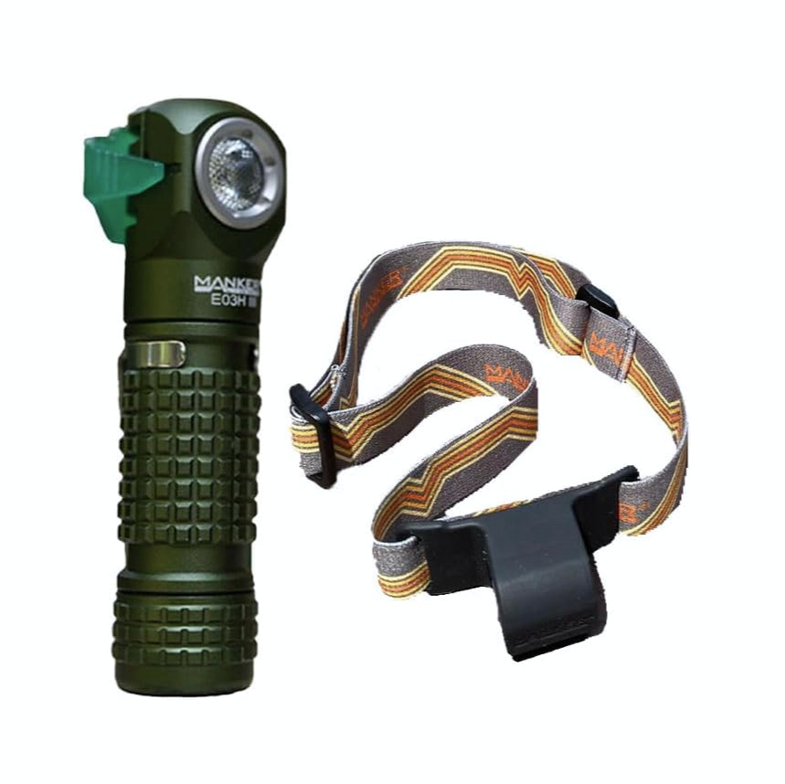 Green flashlight with headband attachment on a white background