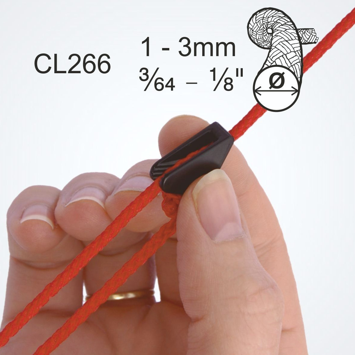 Hand holding red string with black clip, showing measurement details on a white background