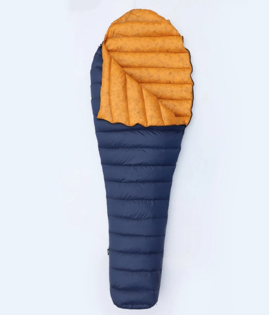 Blue and orange sleeping bag on a white background