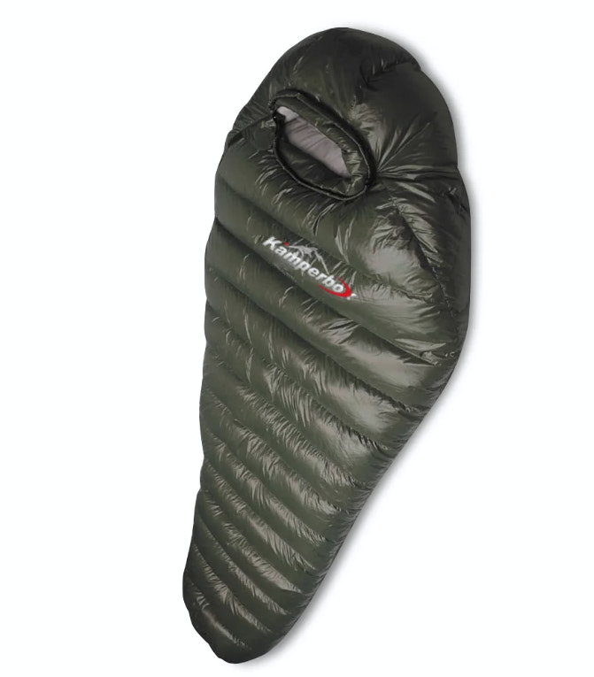 Green sleeping bag with a brand logo on a white background