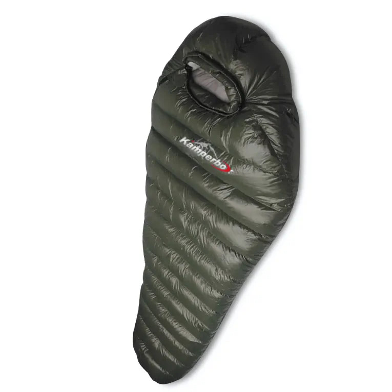 Green sleeping bag with Kamperbox branding on a white background