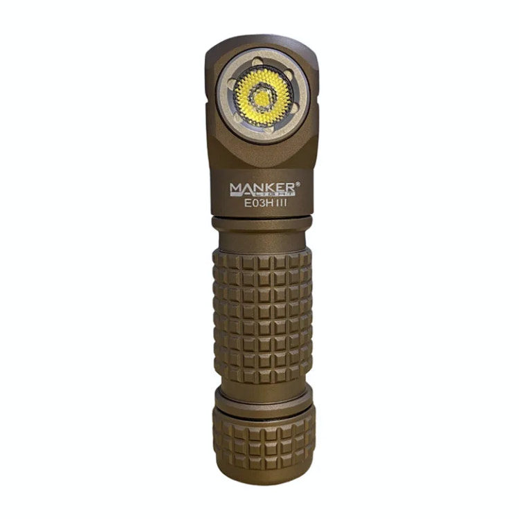 Brown flashlight with visible branding on a white background