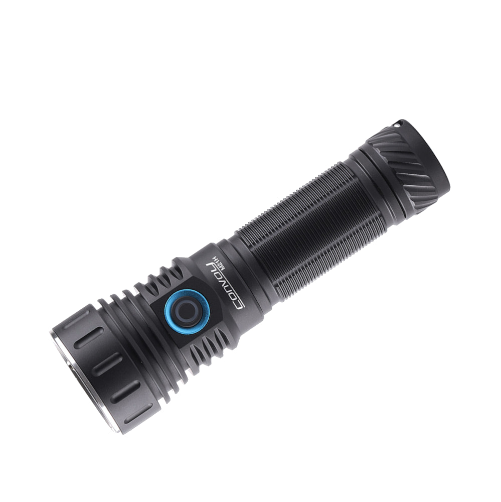 Black Convoy M21H flashlight with blue accent on a white background