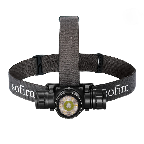 Headlamp with black strap and 'sofirn' branding on a white background