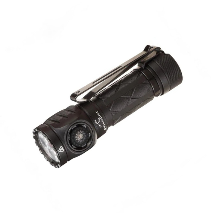 Black flashlight with a clip on a white background