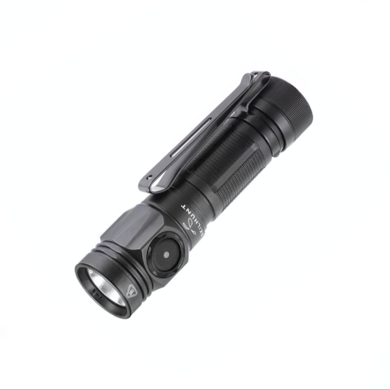 Black flashlight with a visible brand logo on a white background