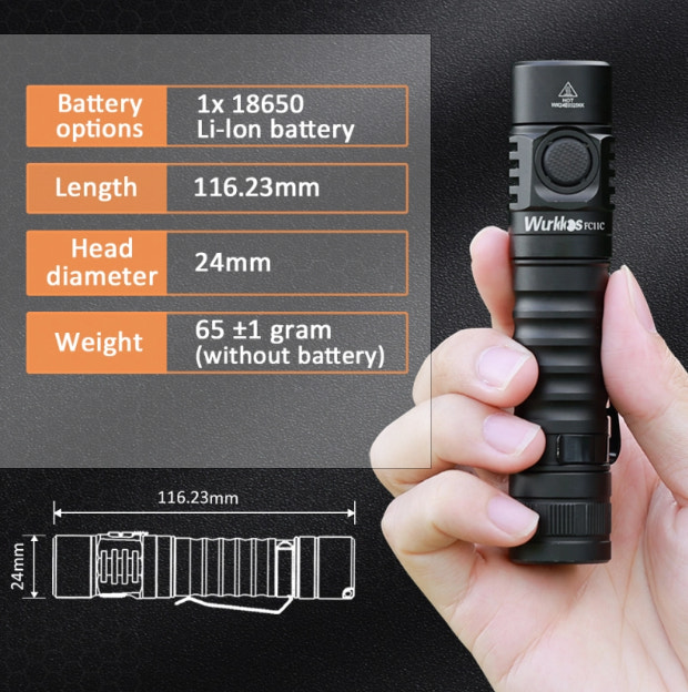 Black Wurkkos FC11C flashlight held by a hand with specifications displayed on a dark background