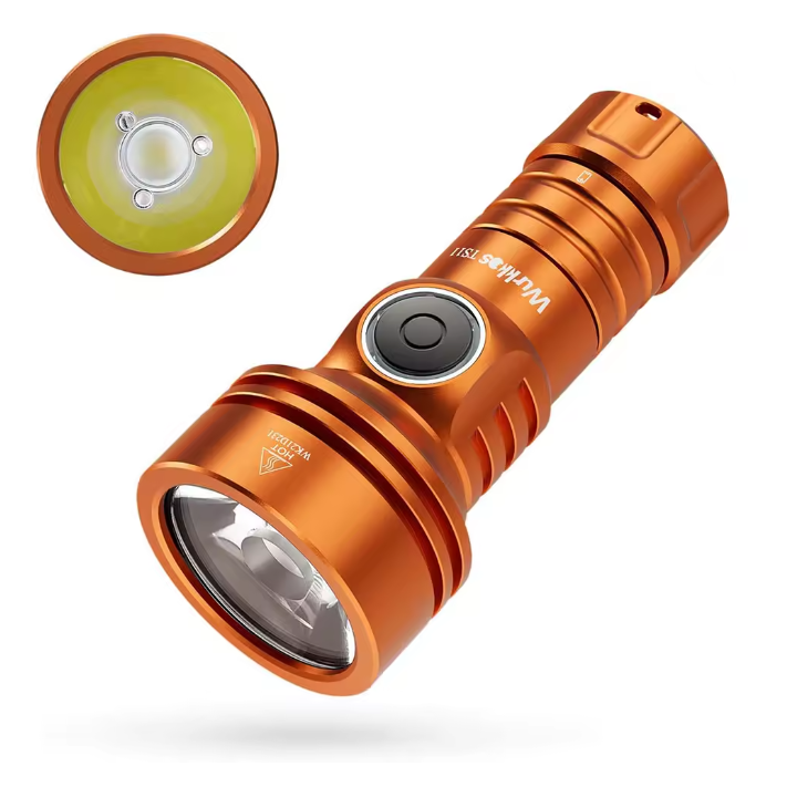 Orange flashlight with close-up of light bulb on a white background